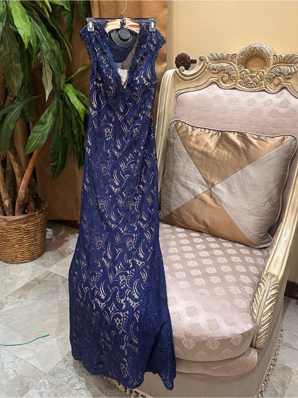 Navy Lace V-Neck Maxi Dress